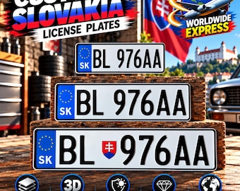 Slovak Euro License Plate (SK) – Personalized Embossed Aluminum Number Plate, 305/400/520 mm, With or Without Holder, Custom Car Decor