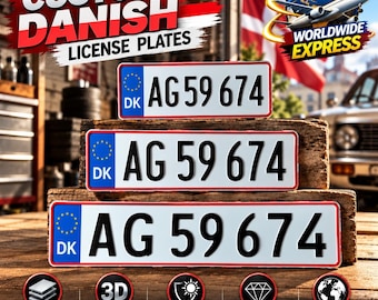 Danish Euro License Plate (DK) – Personalized Embossed Aluminum Number Plate, 305/400/520 mm, With or Without Holder
