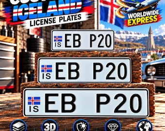 Matrícula islandesa formato Euro con bandera (IS) – aluminio personalizado con caracteres en relieve, 305/400/520 mm, con o sin marco