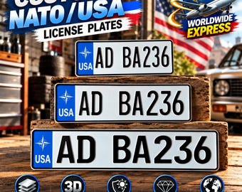 NATO USA Euro Style License Plate – Personalized Embossed Aluminum Number Plate, 305/400/520 mm, With or Without Holder, Car Decor