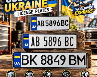 Ukrainian Euro License Plate with Flag (UA) – Personalized Embossed Aluminum Number Plate, 305/400/520 mm, With or Without Holder