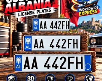 Matrícula albanesa Euro con águila (AL) – aluminio personalizado con caracteres en relieve, 305/400/520 mm, con o sin marco, decoración
