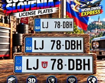 Slovenian Euro License Plate (SLO) – Personalized Embossed Aluminum Number Plate, 305/400/520 mm, With or Without Holder, Car Decor