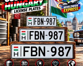Matrícula húngara con bandera (H) – placa personalizada de aluminio con caracteres en relieve, 305/400/520 mm, con o sin marco