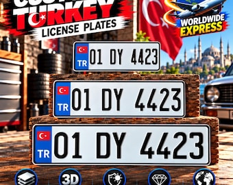 Turkish Euro License Plate (TR) – Personalized Embossed Aluminum Number Plate, 305/400/520 mm, With or Without Holder, Car Decor