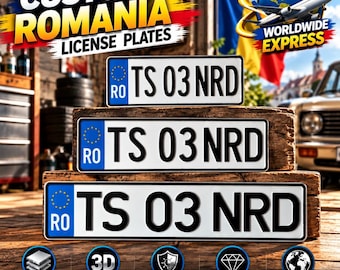 Romanian Euro License Plate (RO) – Personalized Embossed Aluminum Number Plate, 305/400/520 mm, With or Without Holder, Custom Car Decor
