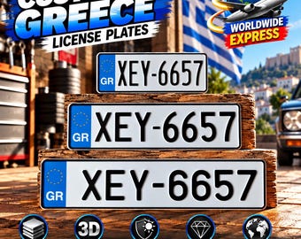 Greek Euro License Plate (GR) – Personalized Embossed Aluminum Number Plate, 305/400/520 mm, With or Without Holder, Custom Car Decor