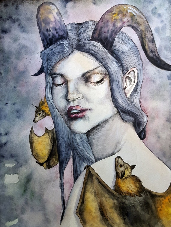 Tiefling D D Watercolor Portrait 12 X 16 Etsy
