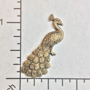 May include: A small, antique brass-colored peacock charm. The charm is approximately 1 inch in length, with detailed feather and body textures. The charm is on a white background with inch markings and the text "Accent Factory".