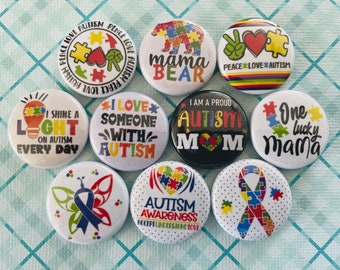 Autism Button Pins Set of 10 - 1"  Metal Pin back Buttons Awareness Party Favor Collectibles Gift Pinback Buttons