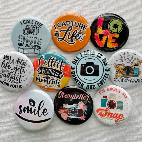 Photography Set of 10 - 1.25" Metal Pin back Buttons I snap Camera Picture Party Favor Gift Badge