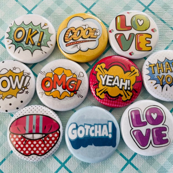 Set of 10 - 1"  Metal Pin back Buttons Comic Pop Art button pins  Wow OMG Collectibles Gift Pinback Buttons