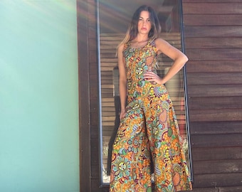 Handmade 60s Floral Jumpsuit: Vintage Wide Leg Romper