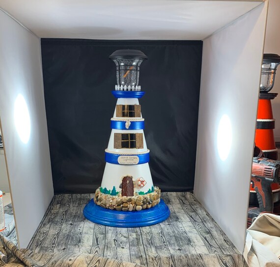 Solar Light Clay Pot Lighthouse Yard Art Made To Etsy