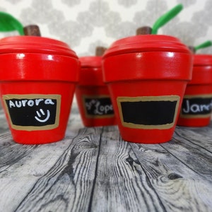 Puede incluir: Cuatro macetas de terracota rojas en forma de manzana con hojas verdes en la parte superior. Cada maceta tiene una etiqueta de pizarra negra con un nombre escrito en blanco. Los nombres son Aurora, Lopez, en blanco y Jane.