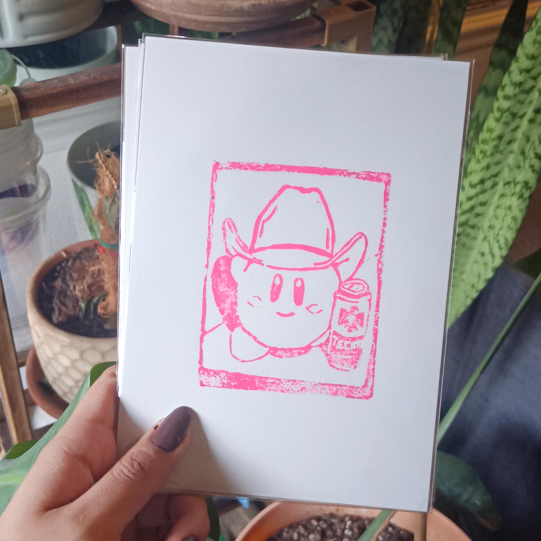 Kirby Ranchero Buchon Hand-Carved Linocut Print 5x7 / Videogame print / Anime Print / meme art / Cowboy / Block print / mexican kawaii decor - Thumbnail 3