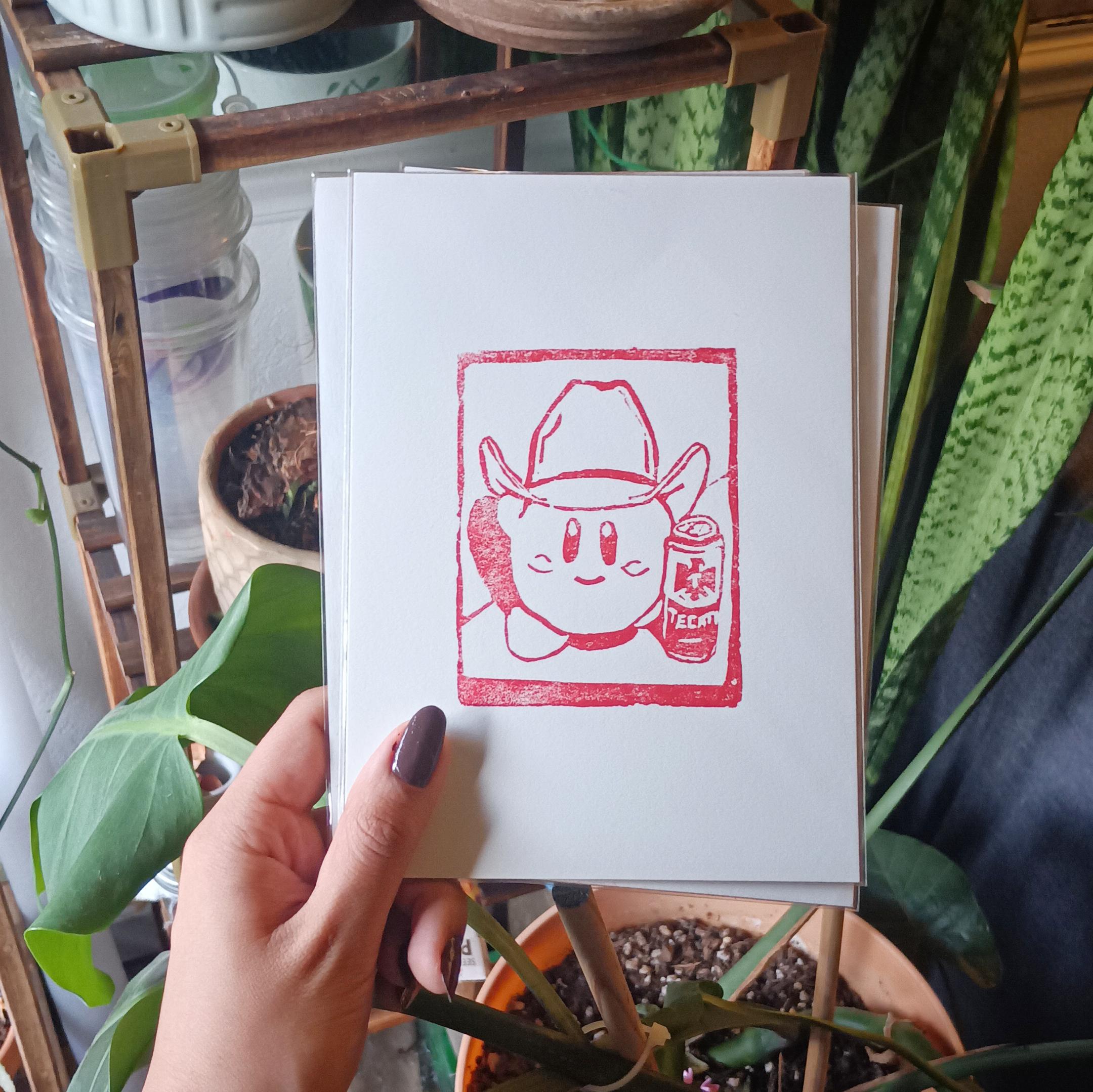 Kirby Ranchero Buchon Hand-Carved Linocut Print 5x7 / Videogame print / Anime Print / meme art / Cowboy / Block print / mexican kawaii decor - Thumbnail 2