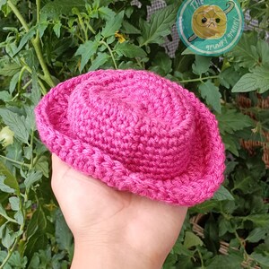 May include: A bright pink, crocheted hat with a rounded crown and a wide brim. The hat is held in front of a background of green foliage. A circular logo with the text "The Grumpy Granny" is visible in the background.