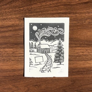 WINTER CABIN - Handmade Linocut Block Print | Original | Hand Printed | Limited Edition | Holiday