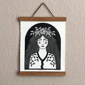 SHE GROWS (b/w) - Handmade Linocut Block Print | Original | Hand Printed | Limited Edition | Nature | Feminine