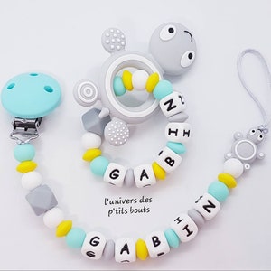 Personalized silicone pacifier clip and/or personalized silicone rattle - turtle