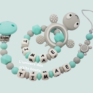 Personalized silicone pacifier clip and/or personalized silicone rattle - turtle
