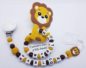 Pacifier clip and/or personalized silicone rattle - lion