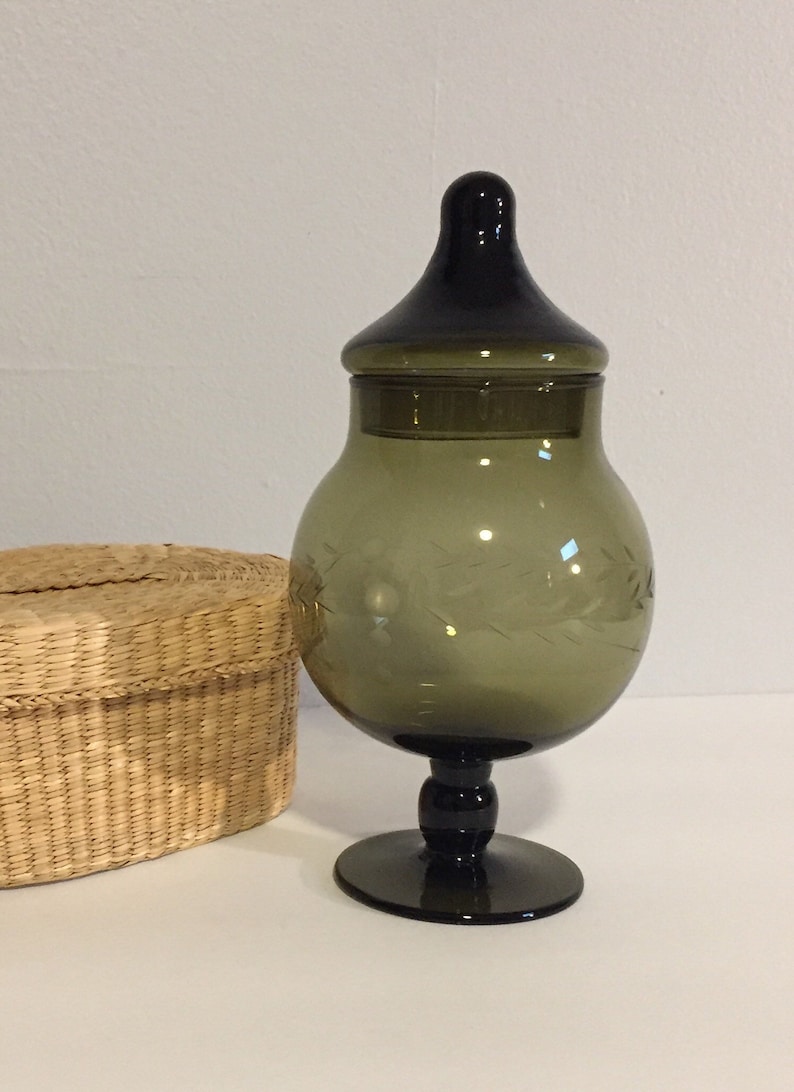 Vintage Olive Green Etched Glass Pedestal Container with Lid