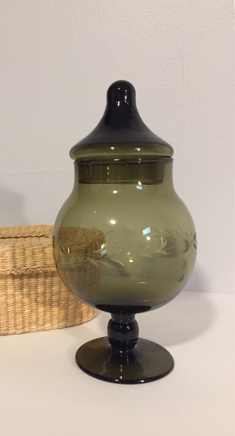 Vintage Olive Green Etched Glass Pedestal Container with Lid