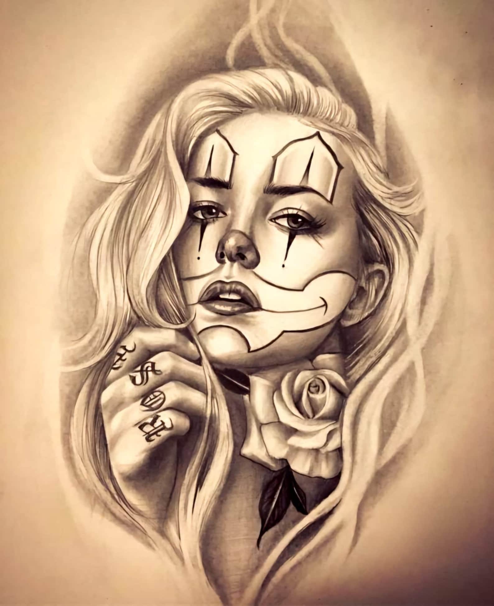 Chicano Clown Girl Portrait W Rose Art Poster - Etsy