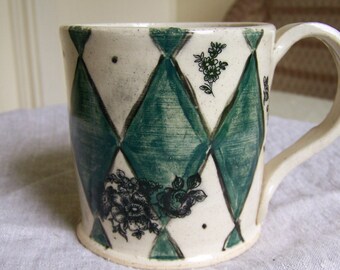 Wheelthrown Stoneware Pottery Coffee Mug Vintage Farmhouse Decor Vintage Art Floral Pottery Mug Wheel Thrown Coffee Mug Cabin Decor