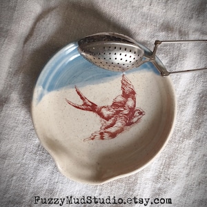 Handmade Pottery Spoonrest Wheel Thrown Stoneware Pottery Spoon Rest Ceramic Spoon Rest Bird Pottery Rustic Decor Blue  Pottery