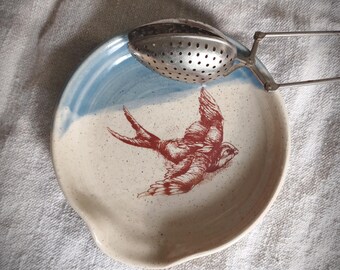 Handmade Pottery Spoonrest Wheel Thrown Stoneware Pottery Spoon Rest Ceramic Spoon Rest Bird Pottery Rustic Decor Blue  Pottery