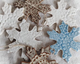 Set of 2 Speckled White Handmade Pottery Snowflake Ornaments Ceramic Snowflakes Rustic Christmas  Christmas Ornament Handmade Ornament