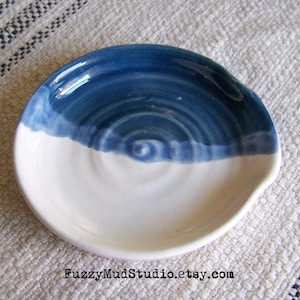 Handmade Pottery Spoonrest Wheel Thrown Stoneware Pottery Spoon Rest Ceramic Spoon Rest Blue  and White Rustic Decor Blue Pottery