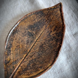 May include: A ceramic leaf-shaped dish with a textured surface. The dish is primarily brown with darker brown and black accents, mimicking the appearance of a real leaf. The dish has a raised edge and a central vein detail.