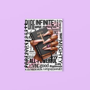 May include: A black Bible with a gold cross is held by a hand with long, manicured nails. The nails are painted in a nude colour and adorned with a jewel. The background features words like "Pure," "Infinite," and "Mighty."
