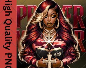 May include: Digital illustration of a woman with long, red and blonde hair, wearing a camouflage outfit and holding a book and a jeweled cross. The image has the words "PRAYER WARRIOR" and "High quality PNG".