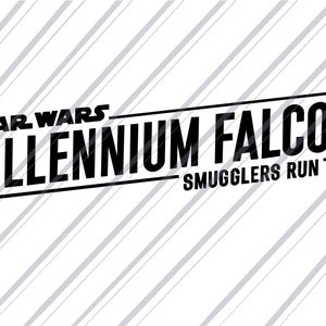 May include: Black and white graphic design with the text "Star Wars Millennium Falcon Smugglers Run".