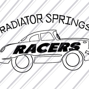 May include: Black and white line drawing of a vintage car with the words "RADIATOR SPRINGS RACERS" on the side.