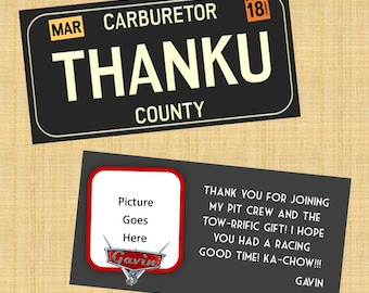 May include: A black and white thank you card with a red border. The card features a cartoon car with the text "Gavin" on it. The text "THANK YOU FOR JOINING MY PIT CREW AND THE TOW-RRIFIC GIFT! I HOPE YOU HAD A RACING GOOD TIME! KA-CHOW!!! GAVIN" is printed on the card.
