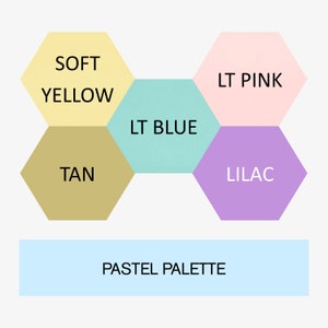 May include: A pastel color palette with six hexagonal shapes. The colors are soft yellow, tan, light blue, light pink, and lilac. The text "PASTEL PALETTE" is below the shapes.
