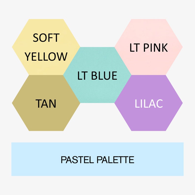 May include: A pastel color palette with six hexagonal shapes. The colors are soft yellow, tan, light blue, light pink, and lilac. The text "PASTEL PALETTE" is below the shapes.