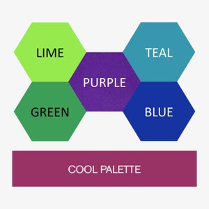 May include: A cool color palette with six hexagonal shapes in shades of green, lime, purple, teal, blue, and a darker green. The text "COOL PALETTE" is written in a rectangle below the shapes.