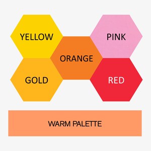 May include: A graphic illustration of a warm color palette with six hexagonal shapes. The colors are yellow, gold, orange, red, pink, and a light peach color. The text "WARM PALETTE" is below the shapes.