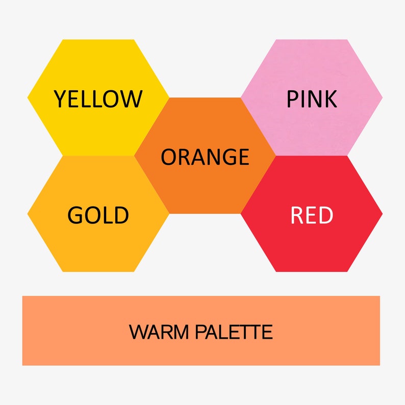 May include: A graphic illustration of a warm color palette with six hexagonal shapes. The colors are yellow, gold, orange, red, pink, and a light peach color. The text "WARM PALETTE" is below the shapes.