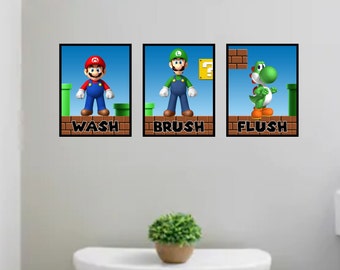 May include: Three bathroom signs featuring characters from the Super Mario Bros. video game. The first sign says "Wash" and features Mario. The second sign says "Brush" and features Luigi. The third sign says "Flush" and features Yoshi.