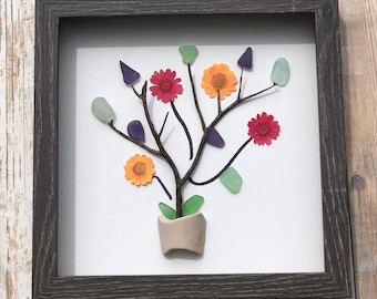 Colorful sea glass flower with pressed flowers unframed or framed 8 by 8