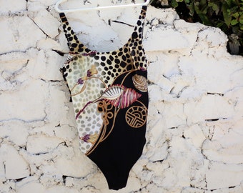 90s one piece swimsuit with baroque print Louis Feraud Paris Magnificent leopard, shells and tassels print swimwear Exotic statement