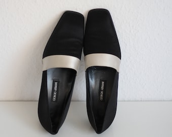 Vintage Giorgio Armani silk pumps black and white low heel squared toe Elegant shoes 90s minimalist loafers Tuxedo women flat shoes